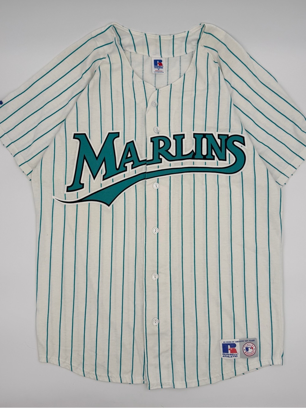Russell Athletic White and Teal Marlins Pinstripe Baseball Jersey
